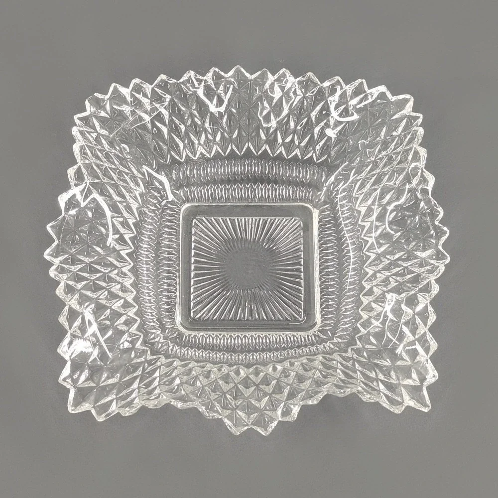 Vintage Clear Pressed Glass Square Candy Dish Sawtooth Rim Diamond Point 7in